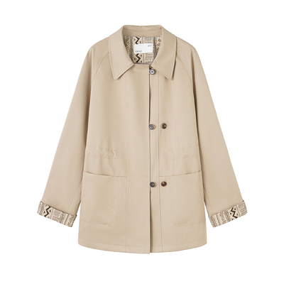 亦白撞色印花双排扣风衣外套女