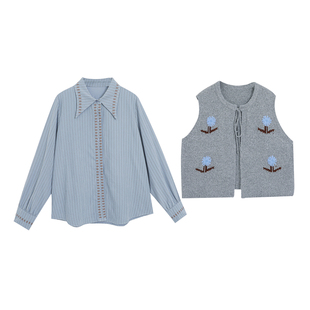 大码女装胖mm时尚长袖衬衫套装百搭上衣外搭复古秋冬坎肩宽松套装