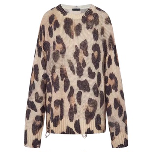 秦岚同款针织衫2025秋季新品套头含马海毛毛衣豹纹宽松毛织上衣女