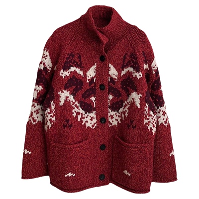 秒发！韩国设计师2026新款ed氛围感费尔岛雪花羊毛针织毛衣开衫女