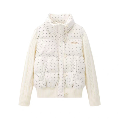 韩系甜美波点针织拼接长袖冬季棉服女宽松短款保暖加厚面包服外套