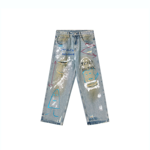 DESIGNSECRETS 25FW巴黎高端潮流趣味涂鸦牛仔裤男设计感破洞裤子