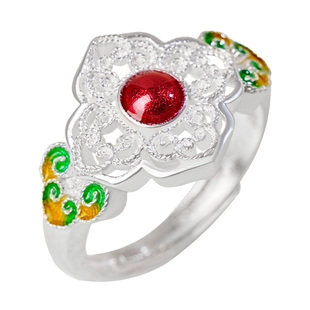 宫里上新银戒指女999纯银古法足银开口珐琅三八妇女节礼物送妈妈