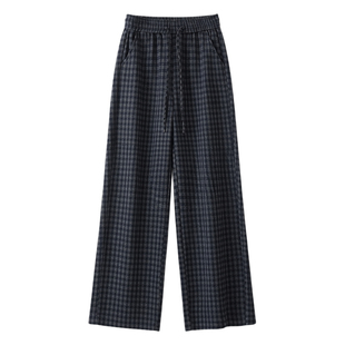 拉夏贝尔复古格子毛呢阔腿裤女秋冬季2025新款高腰加绒直筒休闲裤