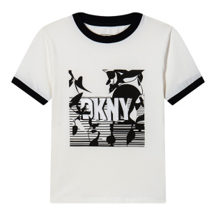 DKNY唐可娜儿夏季女士经典黑白撞色袖口字母刺绣LOGO印花短袖T恤