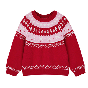 全棉时代女童毛衣儿童中国风马年拜年服本命年男童棉线衣红色上衣