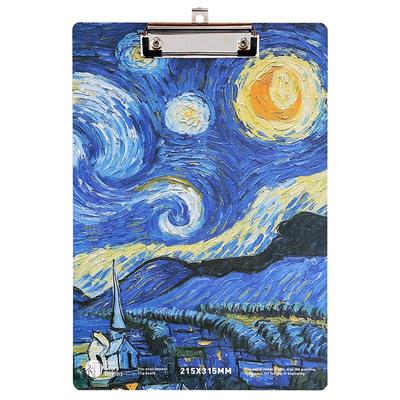 梵高油画文件夹板A4文具学生画画写字垫板硬纸质多功能资料夹复古简约ins试卷收纳夹竖版考试垫板菜单木板夹