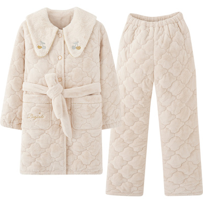 睡衣女冬款加厚夹棉中长款套装