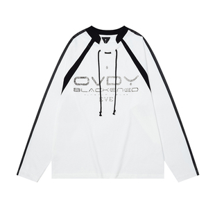 OVDY张桂源曹恩齐明星同款美式街头球衣风v领长袖t恤男情侣上衣