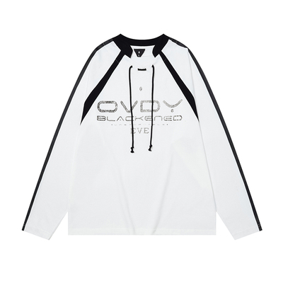 美式复古球衣风v领长袖t恤抽绳