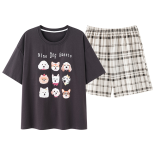 百分百纯棉带胸垫短袖短裤睡衣女夏季薄款卡通时尚全棉家居服套装