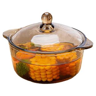 玻璃煲带盖茶色家用耐热碗微波炉泡面碗拉面琥珀色透明双耳玻璃碗