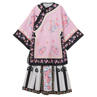 古典风舞蹈清汉女斜襟圆领民族服装重工印花马面戏文说演出服