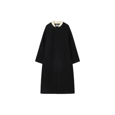 CONCISE-WHITE简白2025秋冬新品拼色棒球领长外套羊毛宽松大衣女