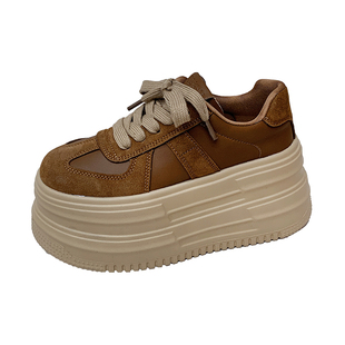 磨砂真皮松糕厚底德训鞋女2025新款冬季加绒小个子内增高休闲板鞋