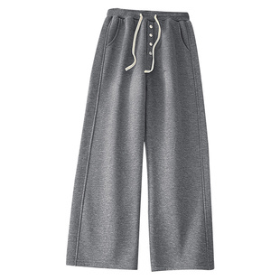 深灰色纽扣加绒卫裤男冬季加厚宽松直筒休闲裤子潮牌青少年运动裤