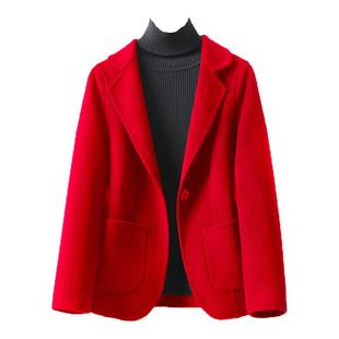双面羊毛短款西装大衣女红色小香风修身秋冬新款洋气毛呢外套西服