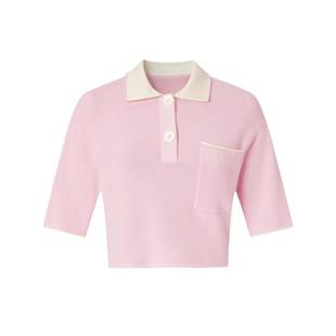 商场同款  摩萨克夏棉撞色POLO衬衫领半袖短款针织毛衫女