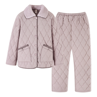 睡衣女冬季三层加厚加绒梭织纯棉夹棉珊瑚绒秋冬款中年妈妈家居服