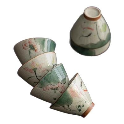 哥窑手绘荷花斗笠杯釉下彩冰裂主人杯家用商务茶杯礼品套装可logo