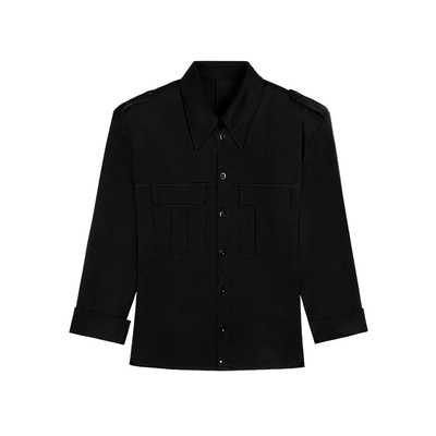 ANOTHER H97高定小羊皮拼领垫肩收腰衬衫夏黑色铜氨缎中袖夹克