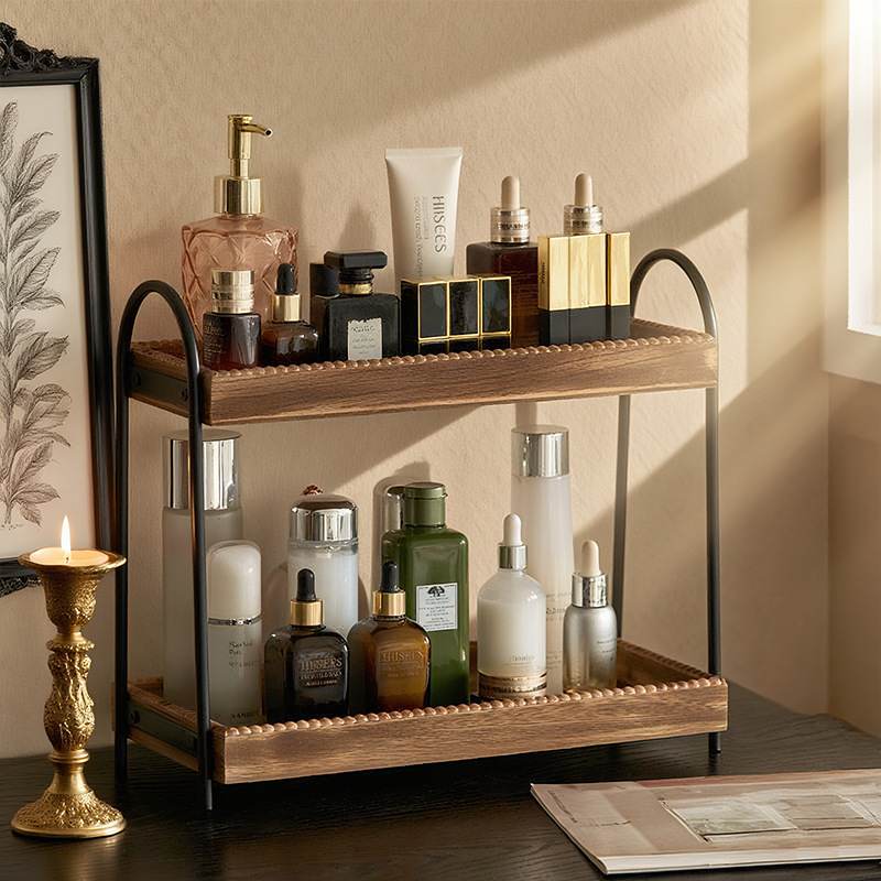 复古双层置物架木质收纳架收纳中古风架香水桌面玄关化妆品架整理