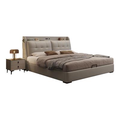 政府补贴蓝色理想2026新款真皮床主卧带灯多功能大床头高端储物床