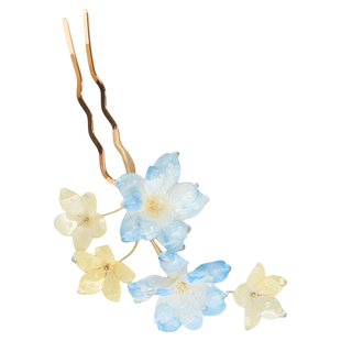 静湖 热缩花簪新中式发簪u型古风发钗头饰汉服盘发簪子蓝黄步摇女