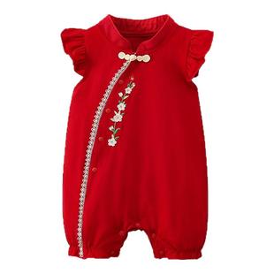 女宝宝周岁礼服秋装婴儿连体衣红色中国风满月百天秋季衣服抓周服