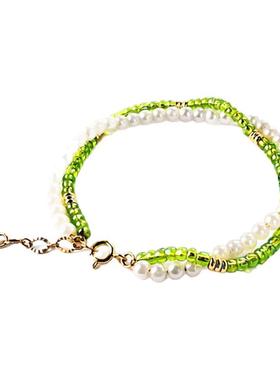 本命年礼物女款温柔橄榄色米珠手链 轻奢小众设计感 高级双圈手串