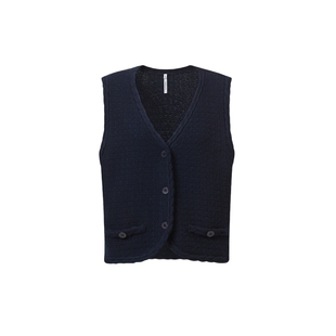 VGRASS维格娜丝春新款羊毛羊绒立体绞花装饰边马甲V领开衫上衣