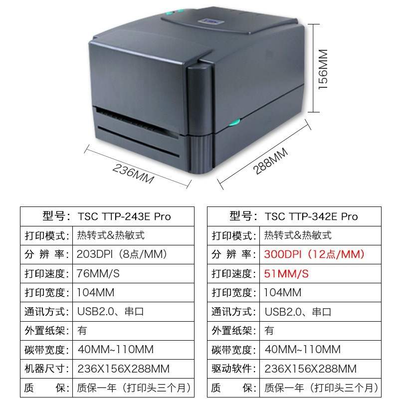 TSC244pro/342E标签打印机热敏纸铜板纸打印机龙条码哑不干胶银