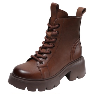 牛皮新款时尚粗跟厚底马丁靴女款2026春秋季女士真皮休闲单靴皮靴