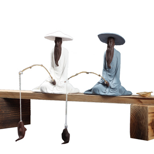 陶瓷姜太公钓鱼客厅摆件鱼翁鱼缸沉底装饰假山根雕水族箱意境造景