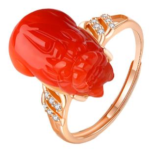 天然南红玛瑙戒指女貔貅瓦西活口纯银指环新中式精雕九紫离火饰品