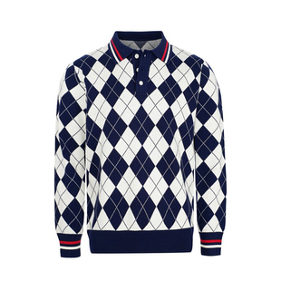 英式学院风修身翻领针织衫男复古拼色菱格时尚商务男士长袖polo衫