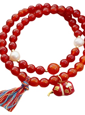 天然红玛瑙手串天然淡水珍珠手链女款正品女孩红色本命年轻奢高级