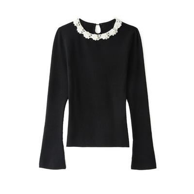 尾鸢录秋冬新款花边打底衫工钩花领口修身针织衫抗起球