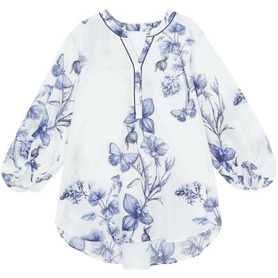 安莉芳专柜新品桑蚕丝棉七分袖印花v领睡衣女士家居上衣EL00913