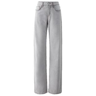 OCHIRLY欧时力 环保仿皮真皮拼接牛仔长裤直筒设计感流行秋新