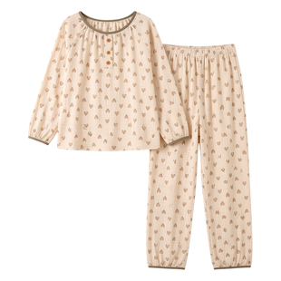 纯棉双层纱布睡衣女套头产后孕妇大码可爱卡通婴儿棉纱家居服套装