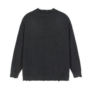 慵懒松弛感毛线衣美式复古纯棉做旧高级感毛衣高街不规则破洞毛衫