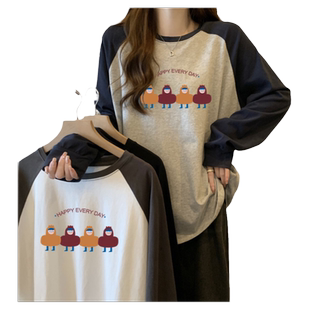 拼接撞色插肩袖T恤女早春秋冬宽松内搭打底衫2026新款长袖上衣服