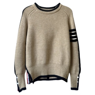 DDXZ夕子复古学院风下摆开叉撞色套头上衣三条杠圆领徽章长袖毛衣