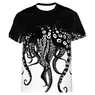 Men's Octopus Print Short Sleeve Top男士章鱼印花圆领短袖上衣