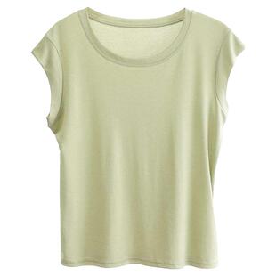 绿素棉 法式小飞袖短袖女~夏装新品2025 莱赛尔裸感圆领水磨衫T恤