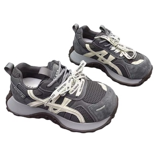 卡皮巴拉小蛮腰阿甘鞋2026春新款双鞋带黑白拼色真皮熊猫老爹鞋女