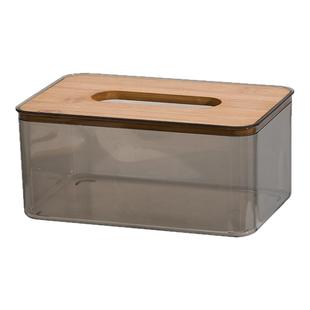 仿竹木盖透明纸巾盒家用餐桌茶几创意侧抽卷纸桶大号餐巾纸收纳盒