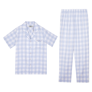 美标女士睡衣夏季100%纯棉短袖长裤开衫套装格子宽松家居服可外穿