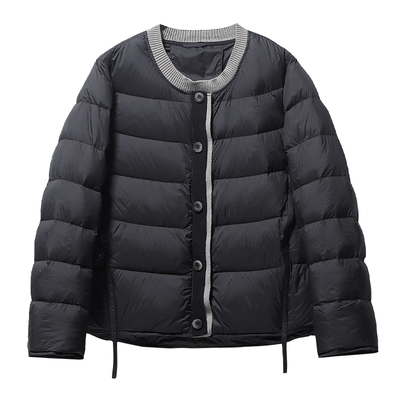 黑色轻薄排骨羽绒服女款冬季排扣短款小个子妈妈装长袖圆领外套女